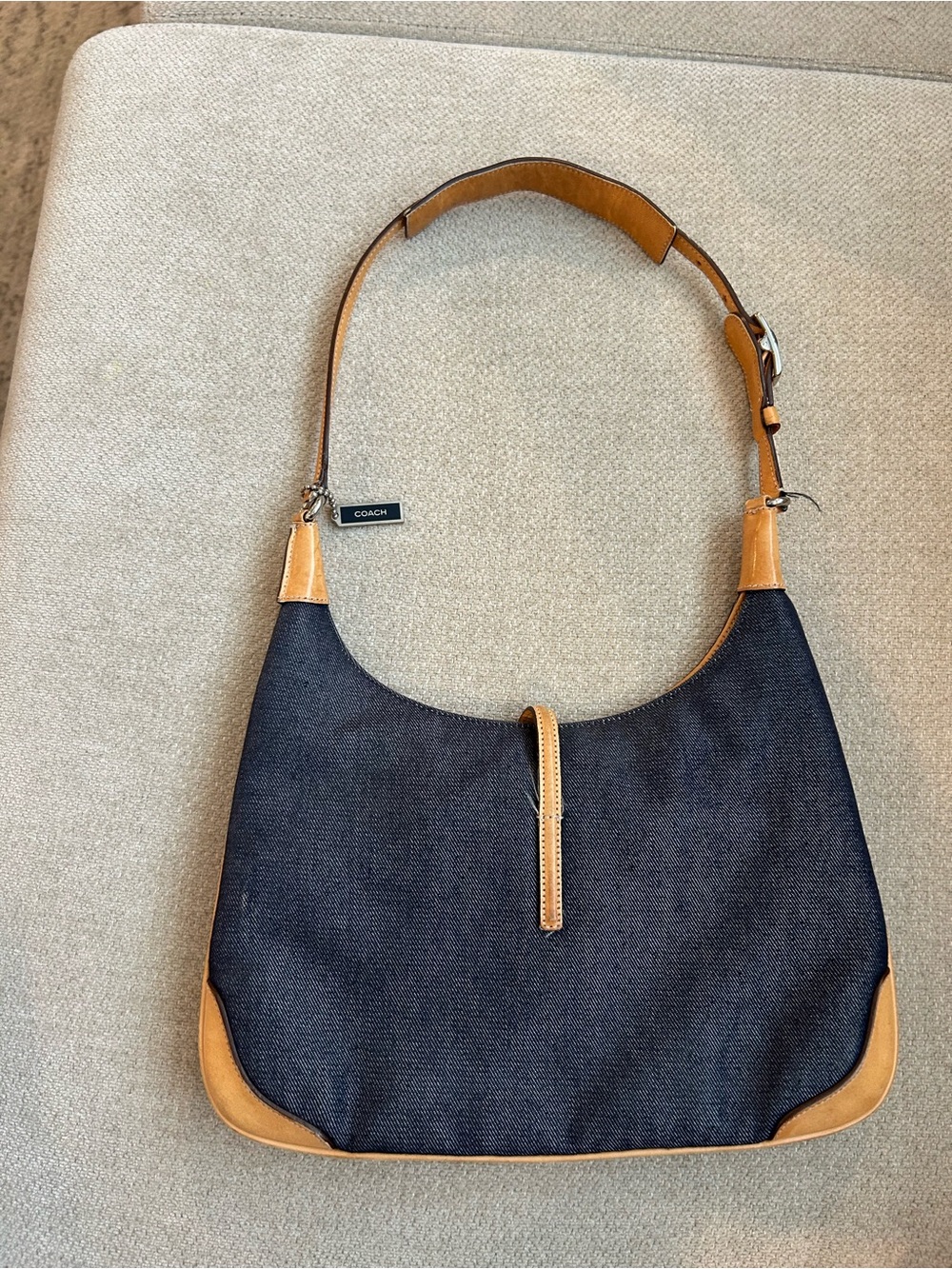 Vintage Coach Navy Canvas and Tan Leather Shoulder Bag - Picture 2 of 6